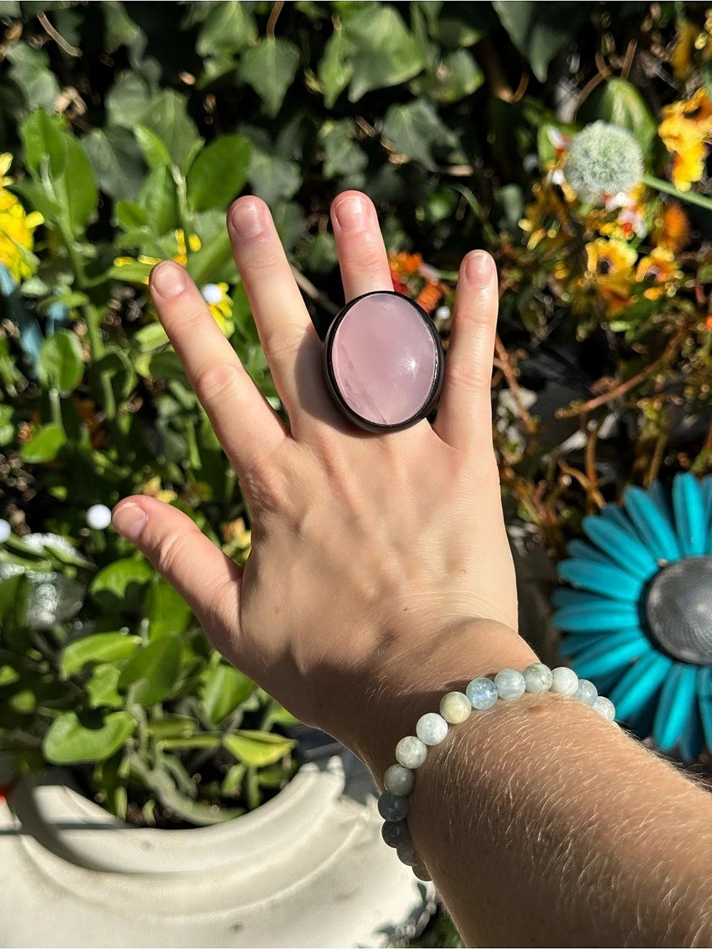 MONIES Pink Rose Quartz Cabochon Statement Ring SZ 8
